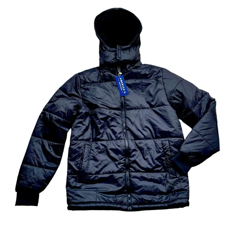 America's Suppliers Black Unisex Puffer Coat Fur Full Lined Hoodie Sz M
